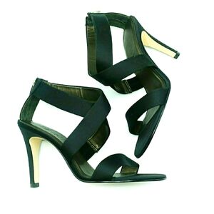 Vintage Sam & Libby Y2K Black Satin Strappy Zip Back Stiletto Sandals